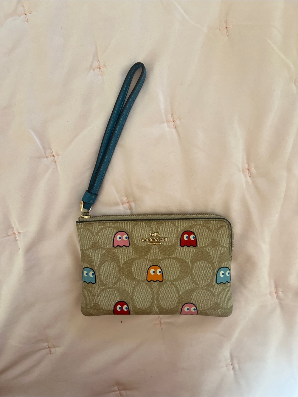 Coach Signature Canvas Wristlet with Colorful Pac-Man Ghosts and Blue Strap